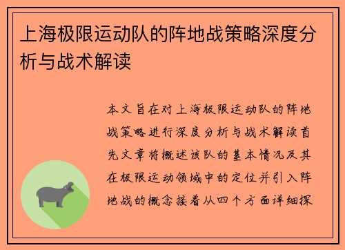 上海极限运动队的阵地战策略深度分析与战术解读